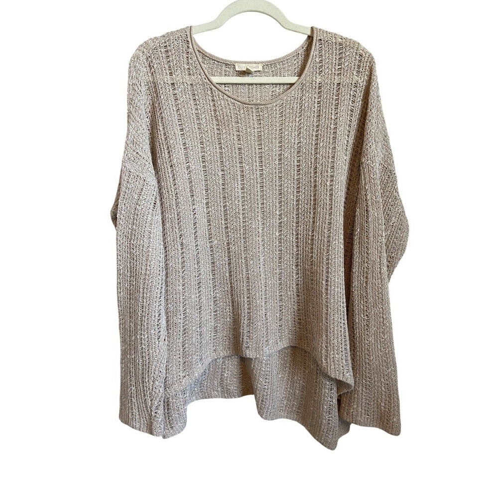 Eileen Fisher Beige Organic Linen Cotton Open Knit High-Low Sweater Large